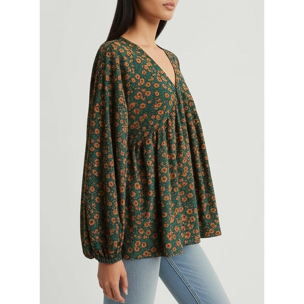 Haptics Womens Small Dark Green Floral Tiered Babydoll V-Neck Boho Chic